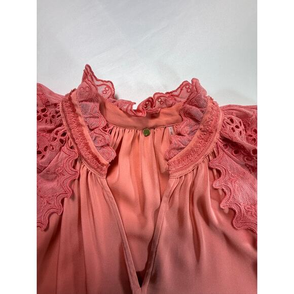 Kobi Halperin Daphne Embroidered Mesh-Sleeve Silk Blouse in Sherbet Pink Size S - Picture 4 of 16